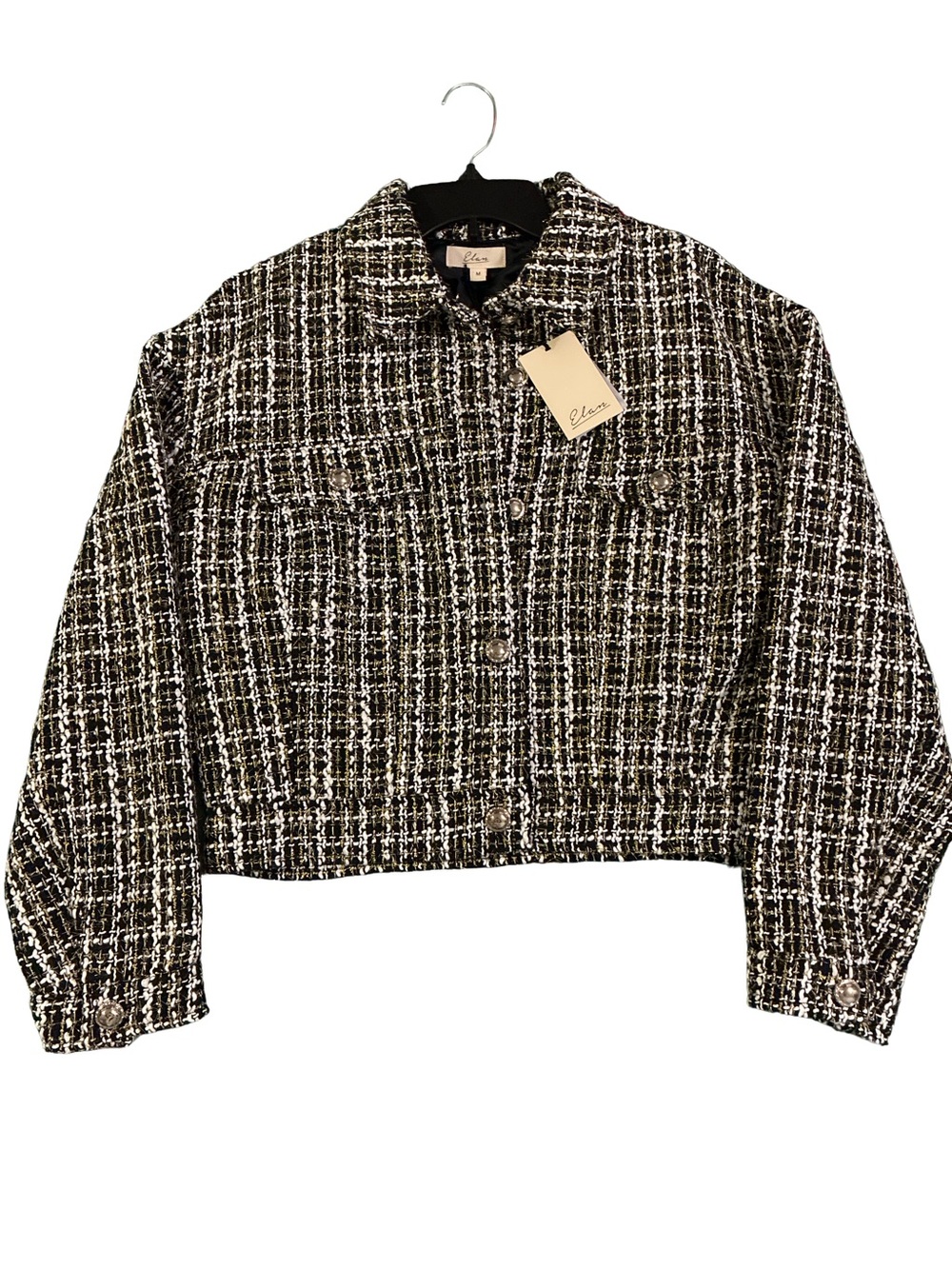 Elan Size M, Boxy fit Blazer, colors: black, white & gold, silver buttons